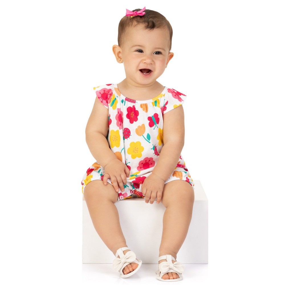 Macaquinho Bebê Menina Kyly Algodão Florido Off White