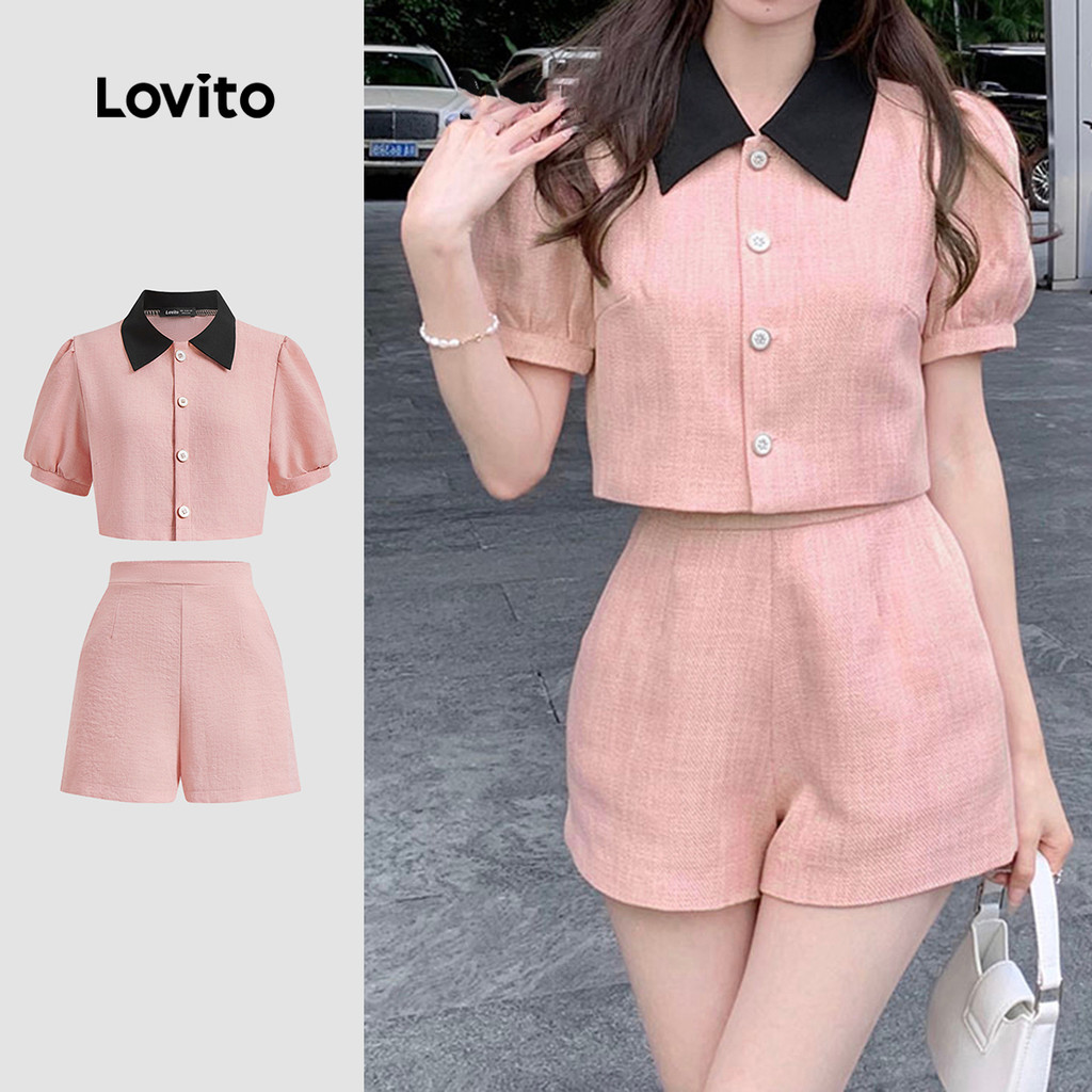 Lovito Conjuntos De Shorts Elegantes Conjunto De Shorts De Tweed Colorblock Liso Para Mulheres LNE16207 (Rosa) em Oferta na Shopee