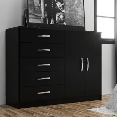 Cômoda 2 Portas 5 Gavetas Black Preto Preto