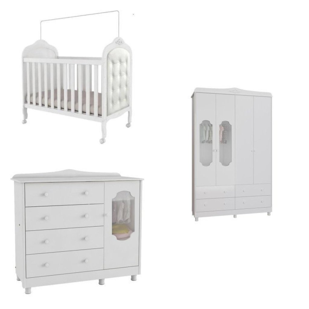 Detalhes do Quarto de Bebê com Guarda Roupa Cômoda com Janelas e Berço com Capitonê Maya Provençal 100% Mdf Branco Brilho