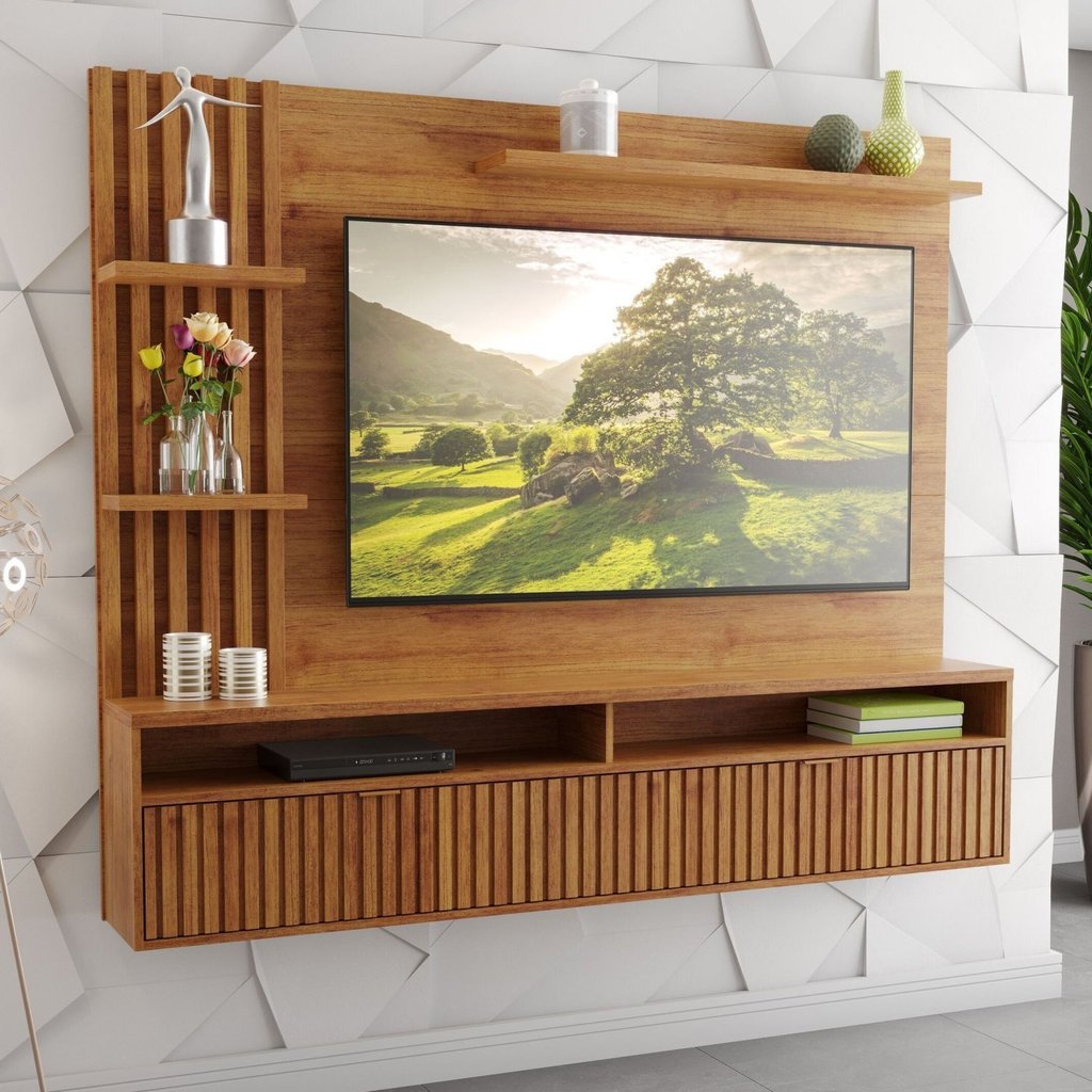 Painel para TV até 65 Polegadas 1 Porta Acabamento Ripado Mel Provence Viero Mel