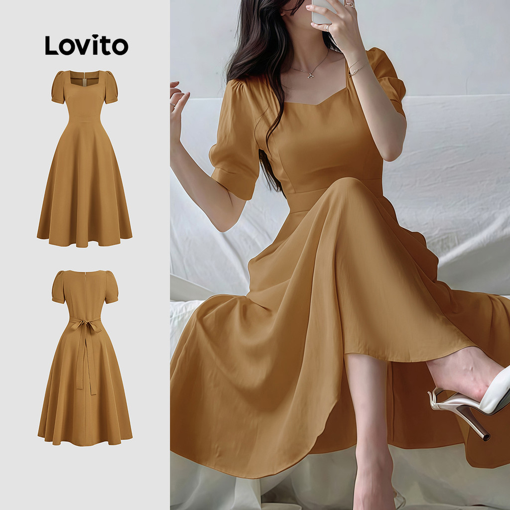 Lovito Vestido Elegante Plissado Com Zíper Marrom Para Primavera/verão Para Mulheres L154ED1063 em Oferta na Shopee