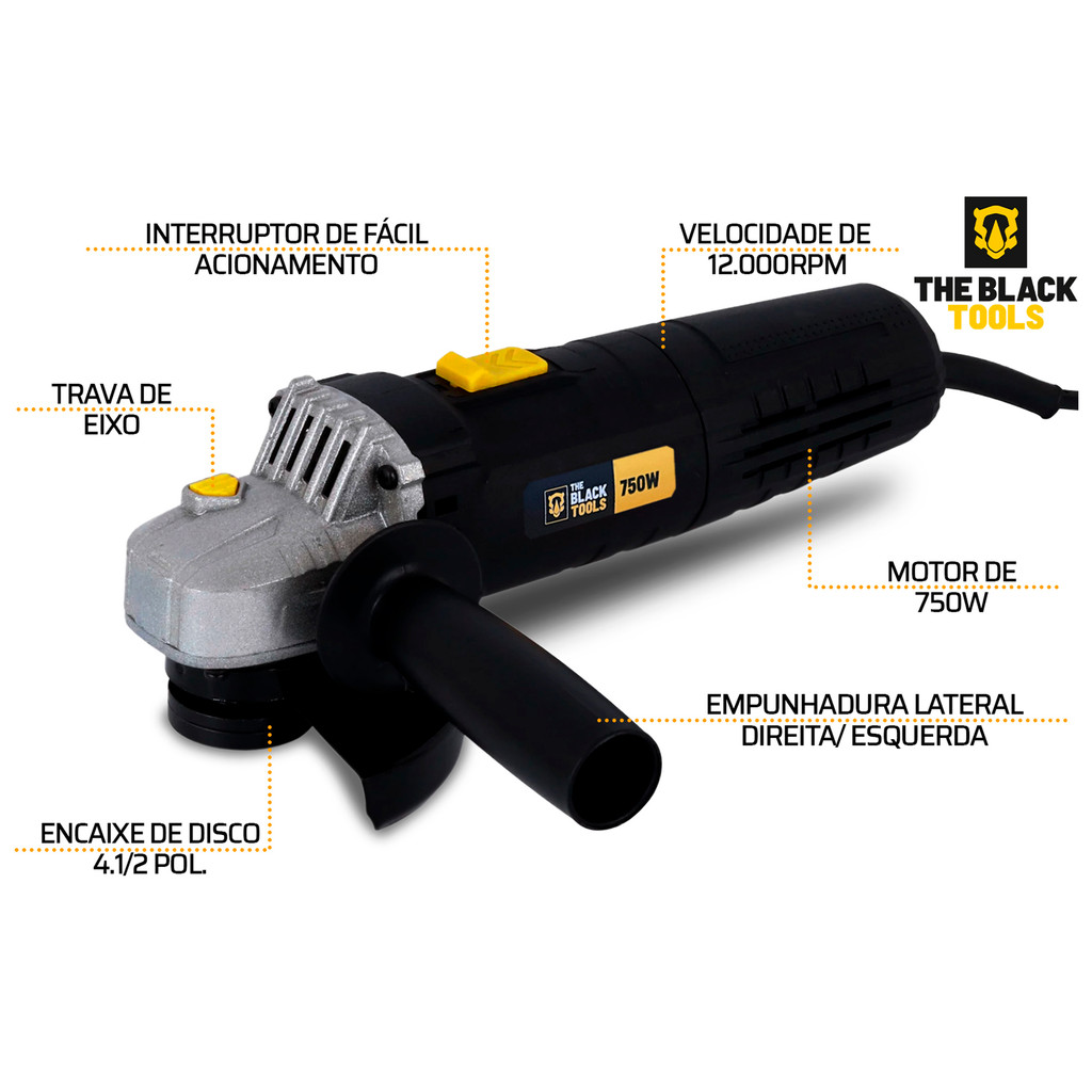 Kit Esmerilhadeira Lixadeira Angular 4.1/2 The Black Tools Com Suporte Boina + Discos De Lixa Corte em Oferta na Shopee