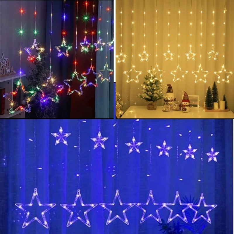 Cordão de Luzes LED 100 Estrelas 110V-220V Plugue Redondo com Extensão Luz Quente Branca e Colorida Decoração Natalina