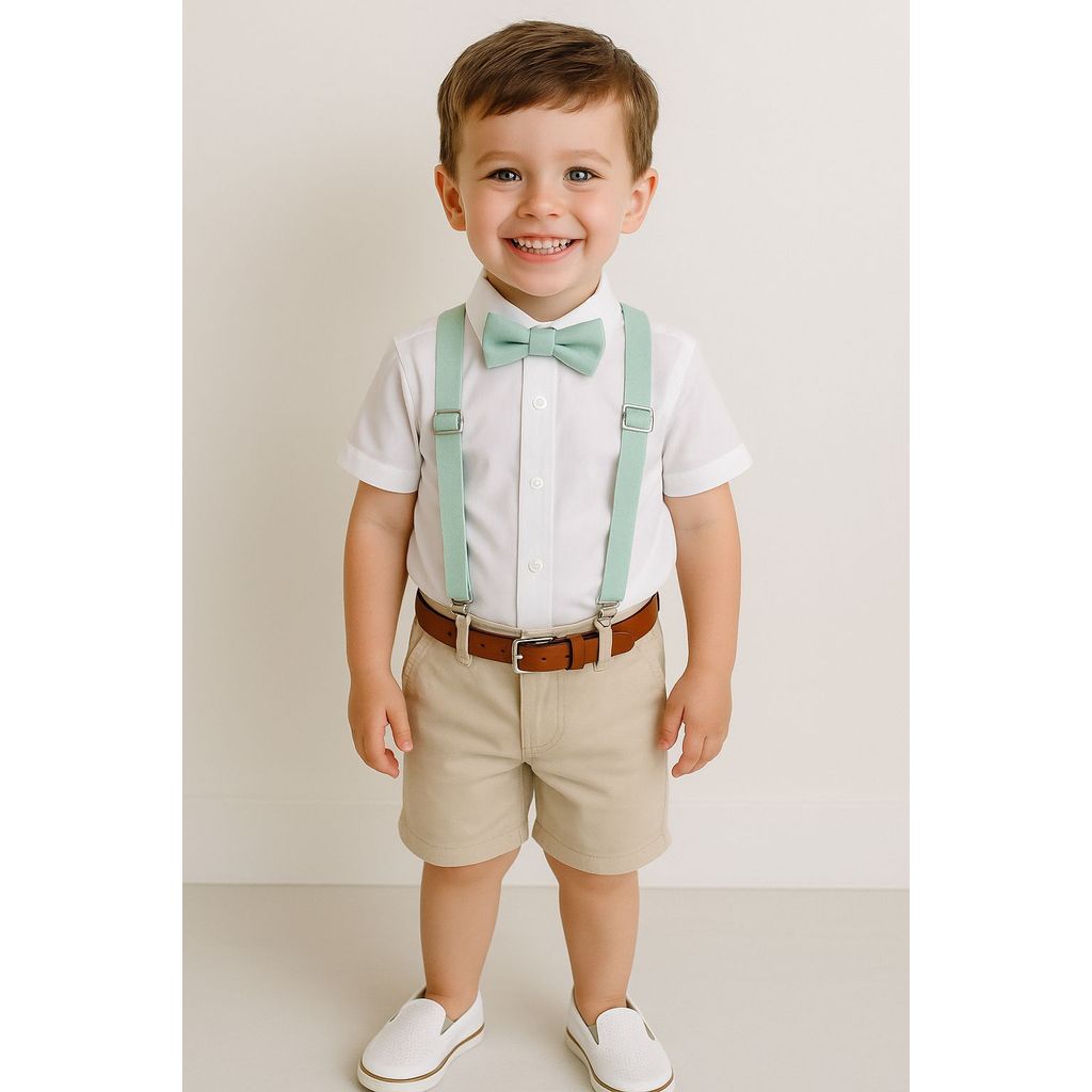 Conjunto Roupa Social Bermuda Nude Cinto Camisa Branca Suspensório e Gravata Verde Menta Formatura Pajem Casamento Festa