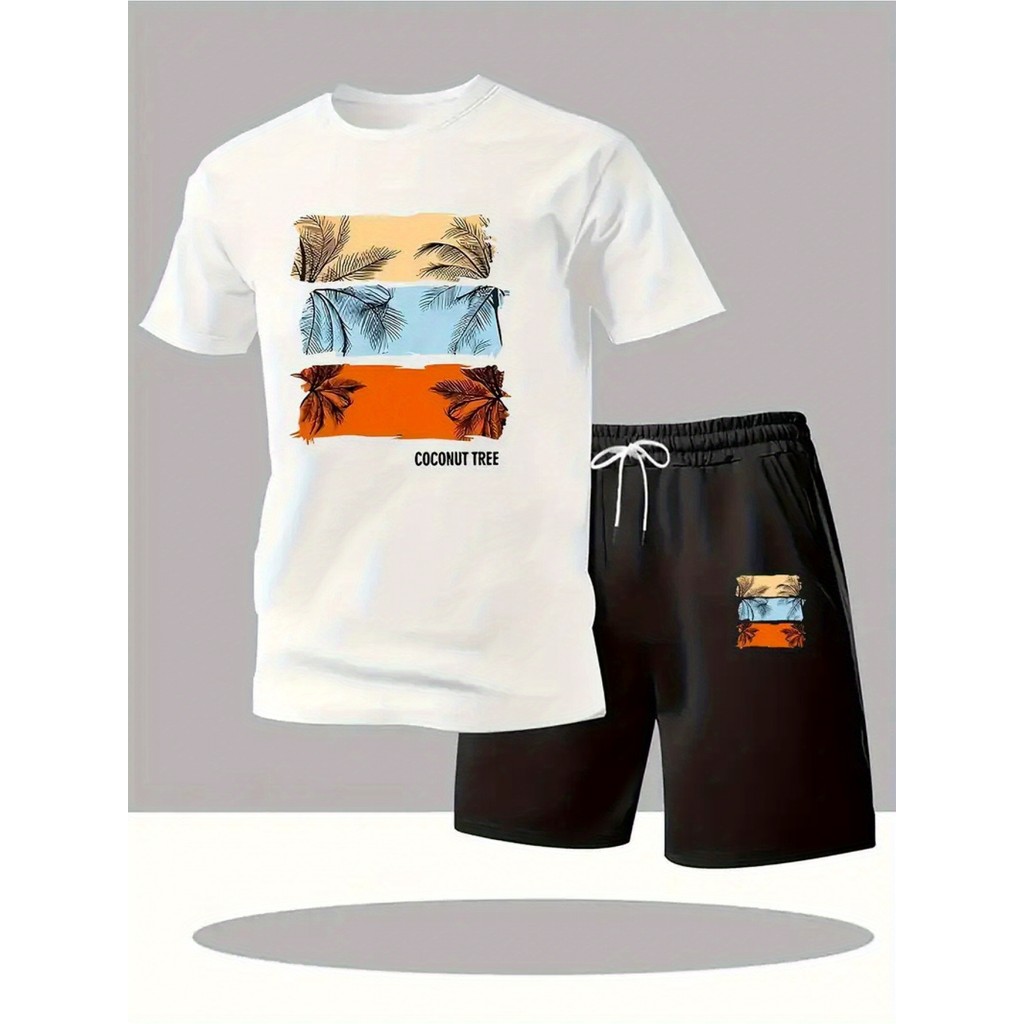 Conjunto de T-Shirt com Estampa Tropical e Shorts com Cordão - Design Vibrante de Árvore de Coco, Poliéster Leve, Roupa