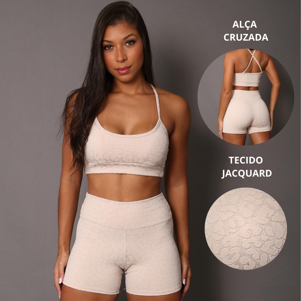Conjunto Feminino Fitness Onça - Short Legging Jacquard poliamida Cintura Alta Top Alcinha Academia