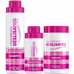 Eico Deslisa Fios Tratamento Shampoo Sem Sal 800ml Condicionador Leave-in 450ml + Máscara 1Kg