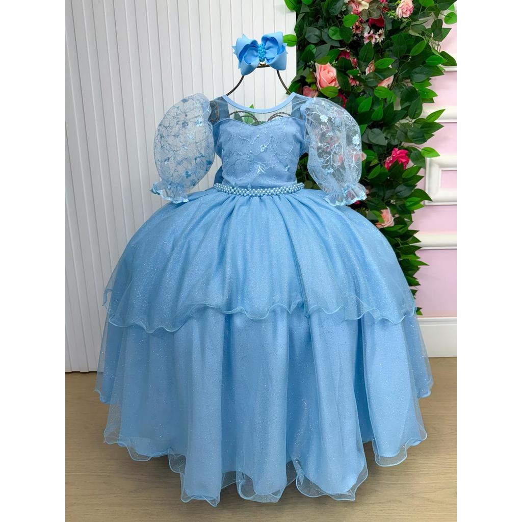 Vestido Infantil Menina Azul Bebe Longo Formatura Realeza Casamento Aniversário Glitter Luxo Daminha