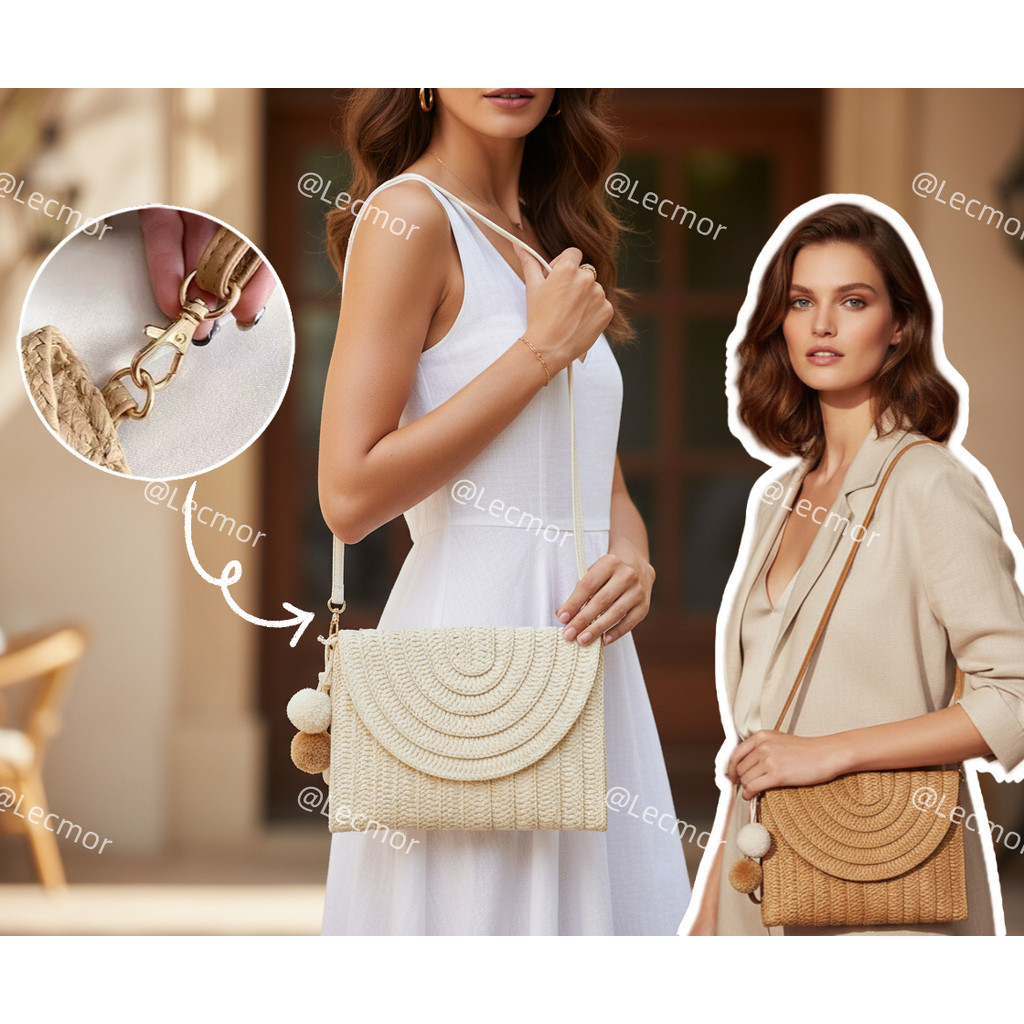 Clutch Bolsa de Palha Artesanal com Pompom e Alça Transversal Removível Estilo Praia e Casual em Oferta na Shopee