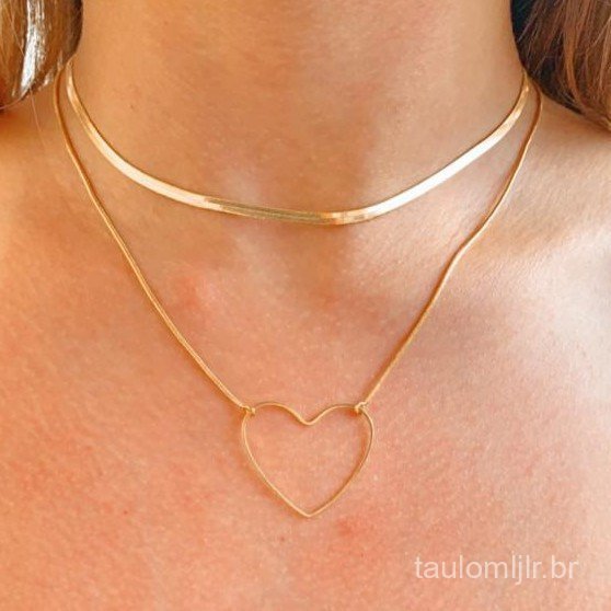Colar feminino Coração Vazado Ouro 18k + Choker Fio Cobra laminado banhado a ouro 18k