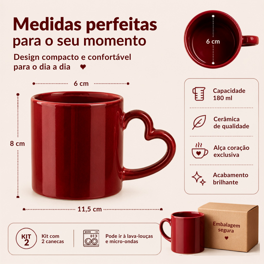 Kit 2 Canecas Cerâmica Alça Coração 180ml Café Chá Presente — imagem 2 de 2