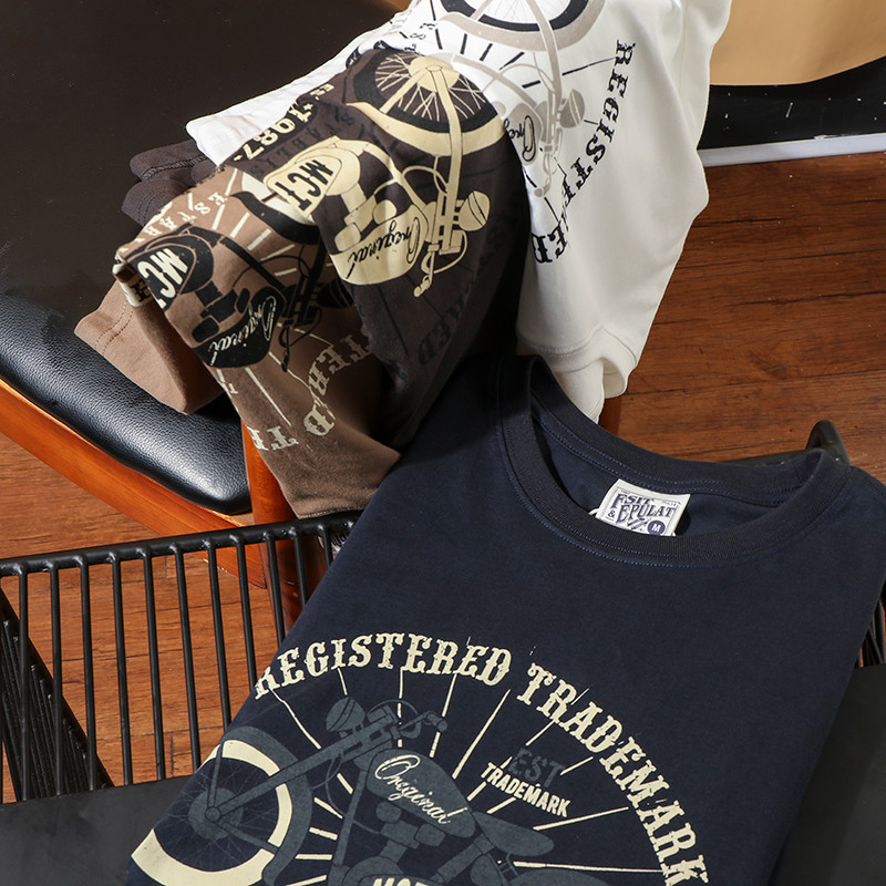 Camiseta masculina Original americana de manga comprida retrô motocicleta estampada algodão puro gola redonda camisa de 