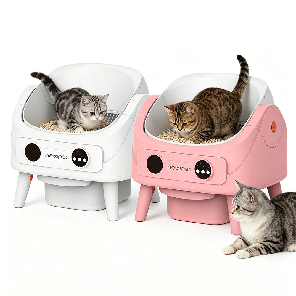 Caixa de areia aberta com botão Inteligente Newpet Autolimpeza para Vários Gatos -Rosa/Branco