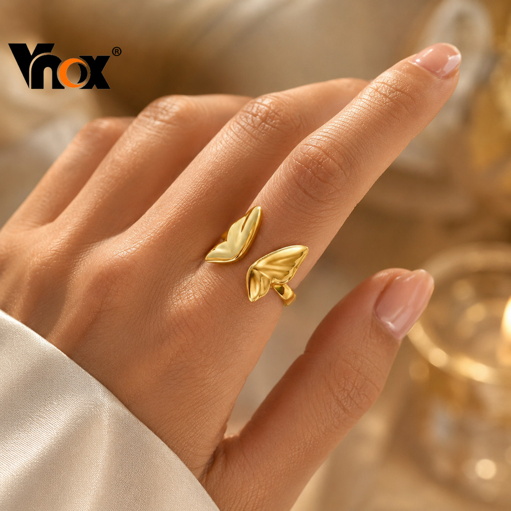 Anel Feminino Aberto De Borboleta De Aço Inoxidável Polido Vnox , Design Elegante Ajustável Banhado A Ouro 18K Tamanho 7