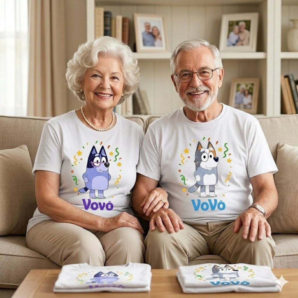 Kit 2 Camisetas Vovó e Vovô Bluey e Bingo Perfeito Blusa Branca Algodão Família Casal Idosos Desenhos