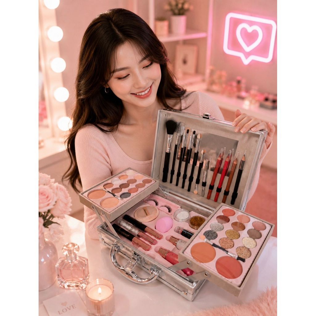Kit Maleta De Maquiagem Completa Sombras Blush LipGloss Primer Base Pincéis Acessórios Maleta Luxo Presente Perfeito