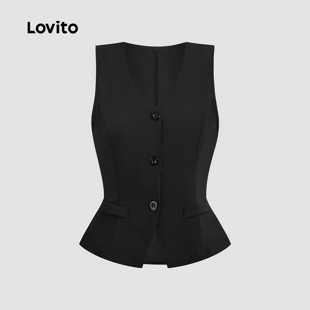 (Lovito x Ana) Alfaiataria Blusa Elegante de Botão Frontal com Fenda para Primavera/verão Preta para mulheres LBL34031 · foto 2