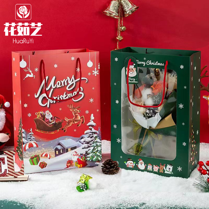 Véspera de natal presente bolo sobremesa caixa de presente sacola transparente janela saco de presente de frutas de nata