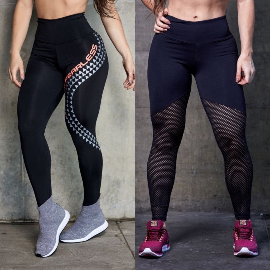 Kit 2 Calças Legging Fitness Moda Academia Suplex Ginástica Promoção Fearless + Lívia Lisa Preto