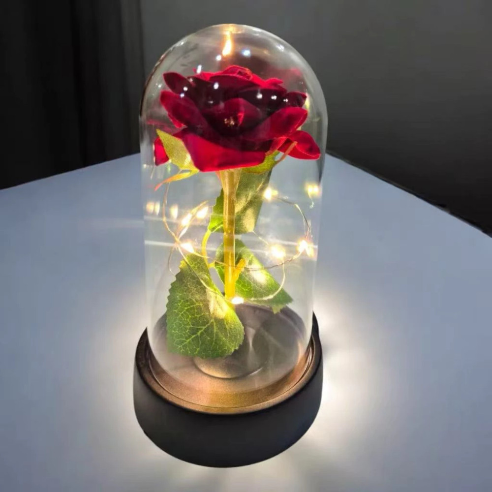 Flor Rosa Encantada com Luz LED - Decoração Elegante em Cúpula