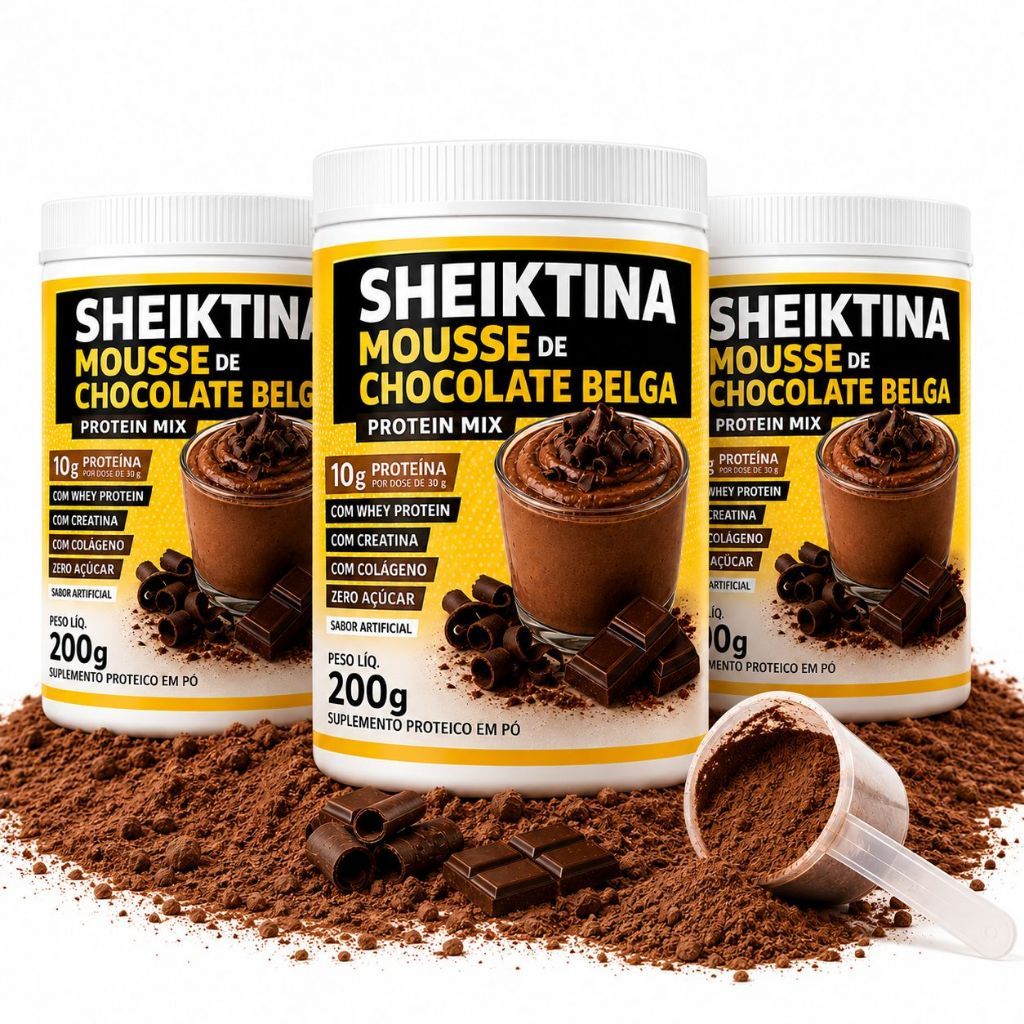 3 Sheiktina Protein Mix 200g – Mousse de Chocolate Belga com Whey Protein, Creatina, Colágeno e Zero Açúcar