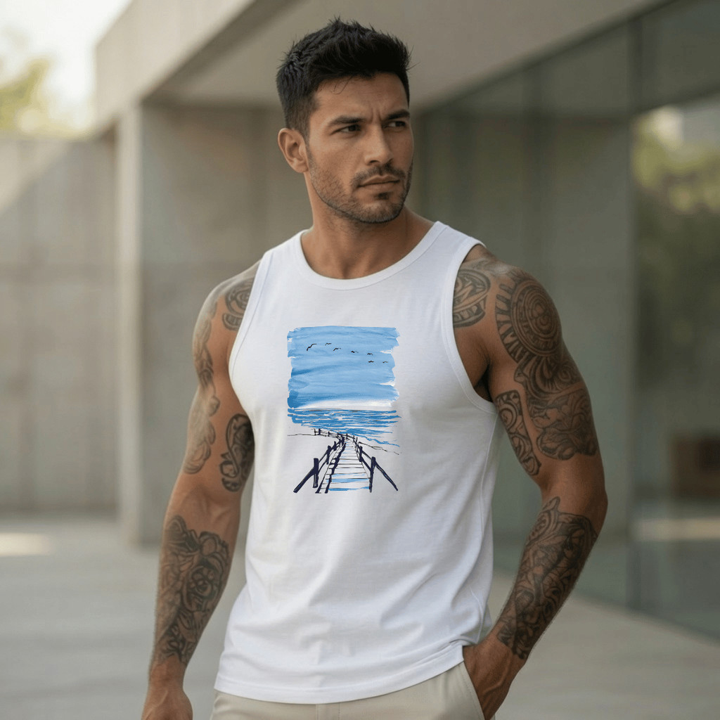 Regata Masculina Estampada Ponte Para Praia 100% Algodão Academia Premium Casual Streetwear Verão Camiseta Cavada