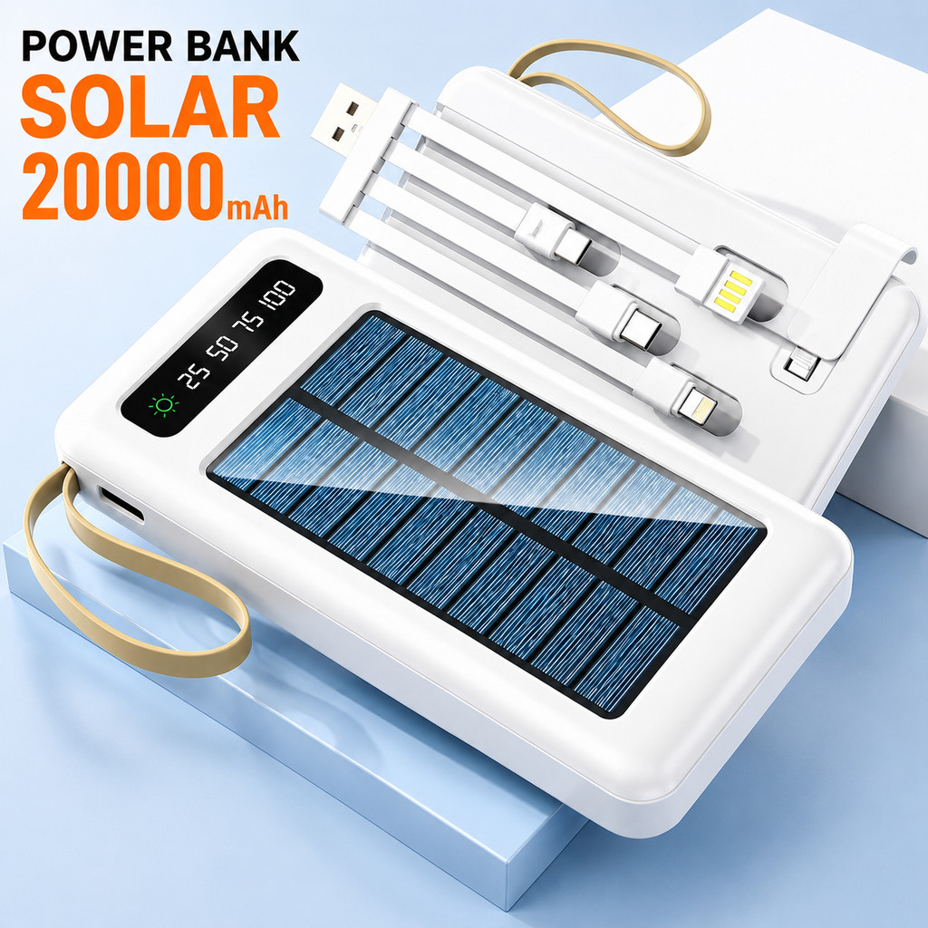 Power Bank Solar 20000mAh com Cabos 5 em 1 Lanterna LED Carregador Portátil Universal