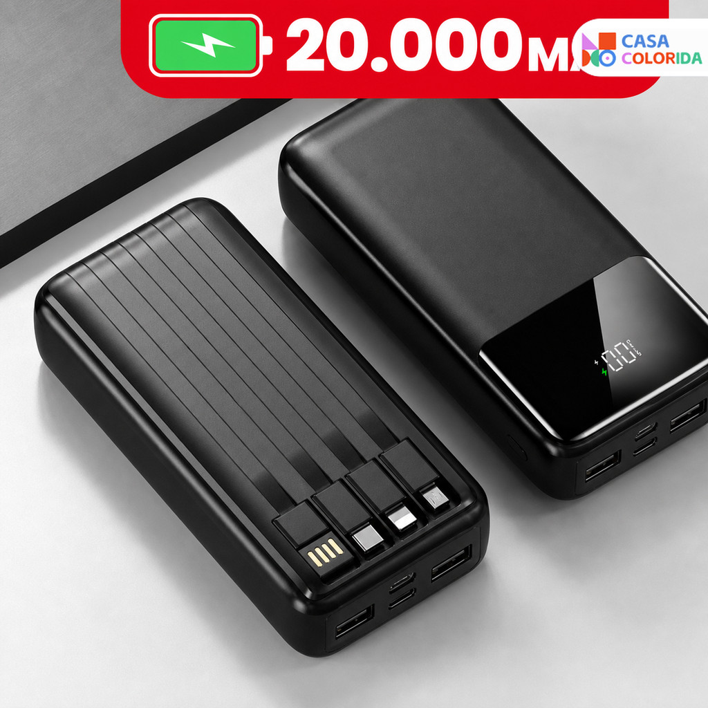 Power Bank 20000mAh com Visor Digital: Carregamento Ultra-Rápido e 4 Portas USB, Carregador Portátil