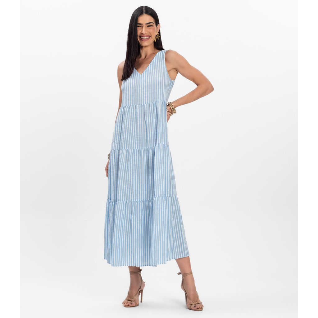Vestido Midi Feminino Listrado Decote V Aishty Azul