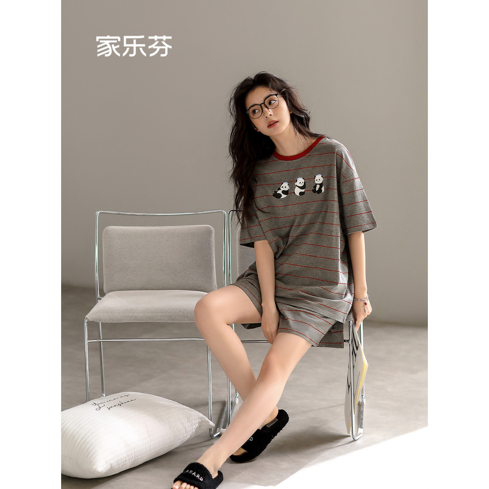 Carrefen Pijama feminino verão fino Shorts de manga curta Modal Loungewear listrado terno Casual pode usar ao ar livre