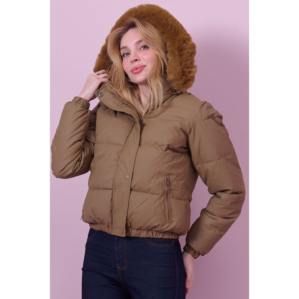 Jaqueta Puffer Com Capuz Planet Girls Caqui