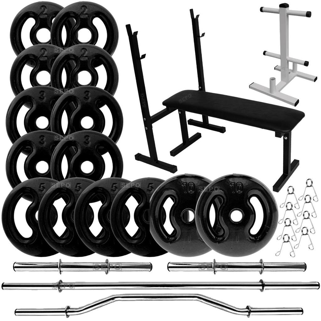 Kit 60Kg Anilhas Emborrachadas Pretas com Barras Ocas + Banco para Supino + Suporte 120Kg
