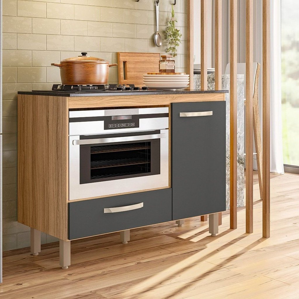 Balcão para Cooktop 1 Porta 1 Gaveta Fit Cinza/Freijó/Chumbo Freijó/Chumbo