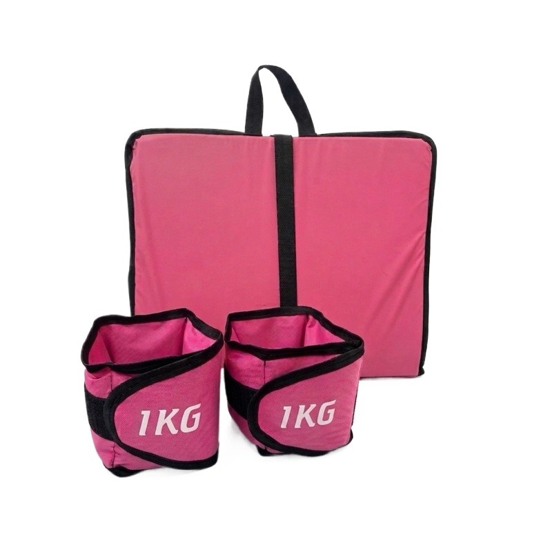 Kit Colchonete Dobrável Com Par de Caneleira Rosa para Treino de Pernas Gluteo Academia Fitness Fortalecimento
