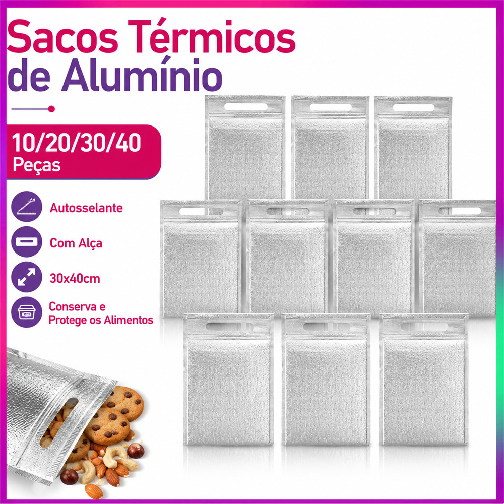 Bolsas Térmicas de Alumínio 10/20/30/40 Peças 30x40cm para Frio, Calor, Comida e Bebidas em Viagem