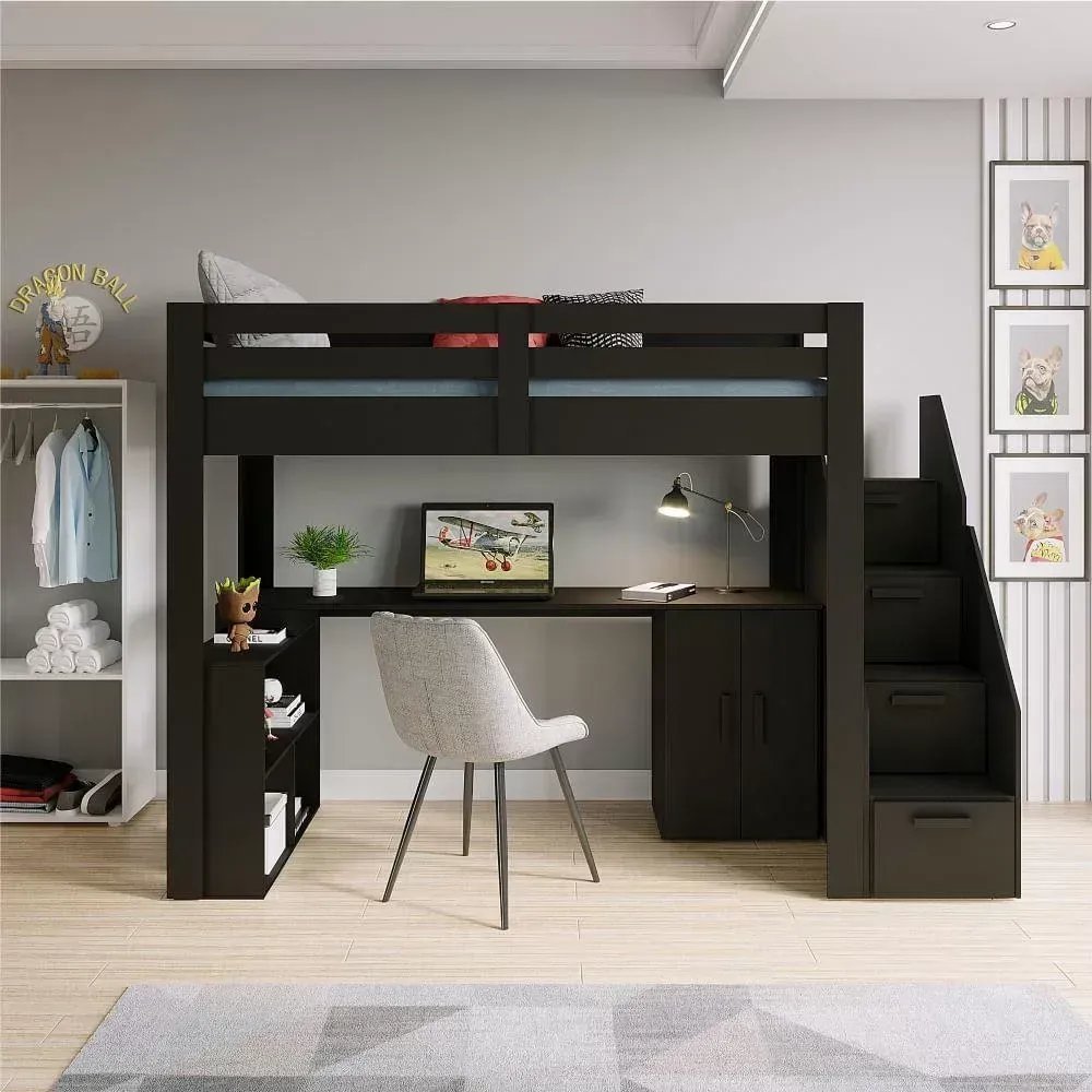 Cama Alta Beliche Infantil/Juvenil Star Plus Office Multifuncional Casatema MadeiraOriginals Preto Preto