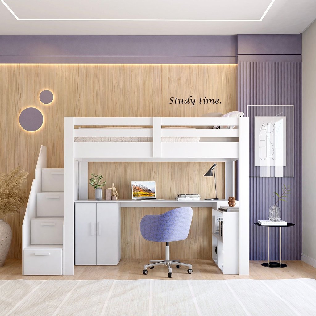 Cama Alta Beliche Infantil/Juvenil Star Plus Office Multifuncional Casatema MadeiraOriginals Branco
