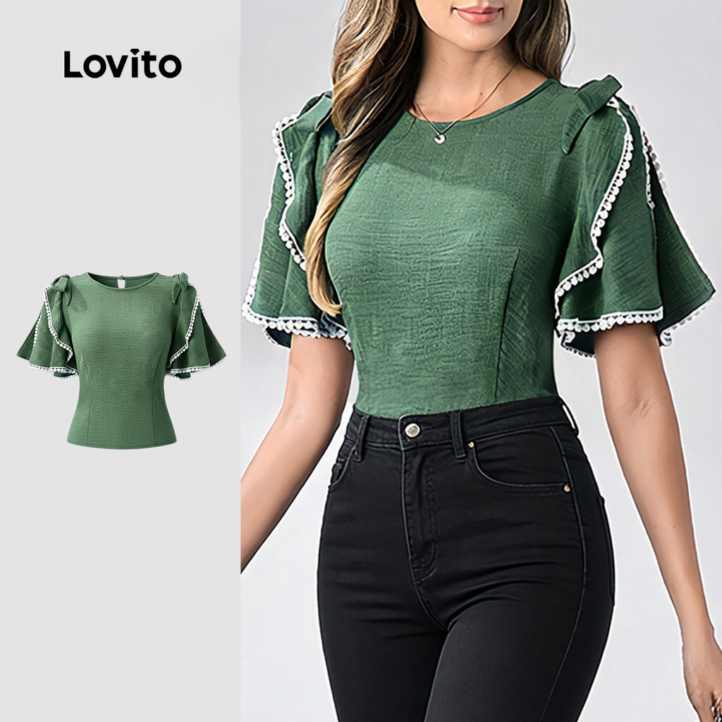 Lovito Blusa Casual Verde De Mangas Curtas E Esvoaçantes Gola Redonda Trança Cor
