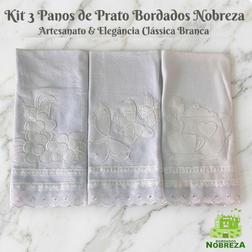 Kit 3 Panos de Prato Branco Bordados Nobreza – Elegância Clássica Branca