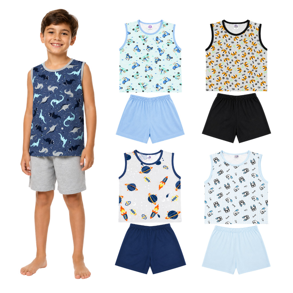 Pijama Regata Machão e Short Estampas Sortidas Infantil Masculino Tam. 2 ao 8