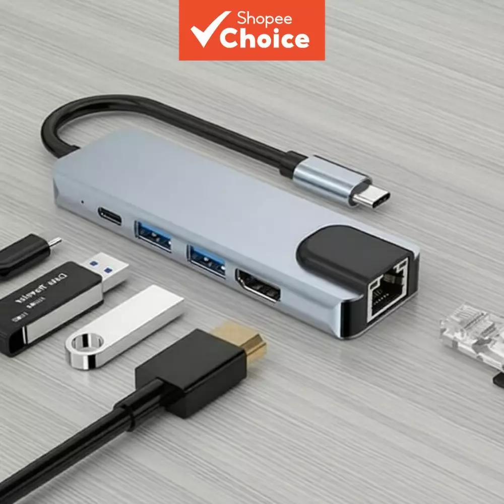 Adaptador Tipo C HDMI Hub USB 5 em 1 4K RJ45 Ethernet 87W PD Extensor DP para Laptop PC Tablet