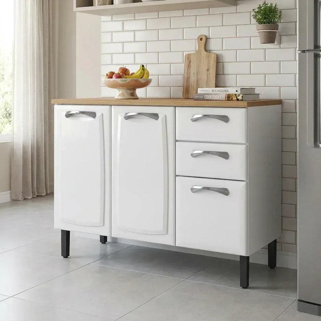 Balcão de Cozinha em Aço 3 Portas e 2 Gavetas 120cm sem Tampo New Premium Itatiaia Branco Branco