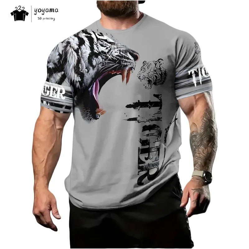 2026 Camiseta Masculina Novo Verão Impressão 3D Tigre Masculino Curto Moda Respirável Topos Tendência Roupas Masculinas