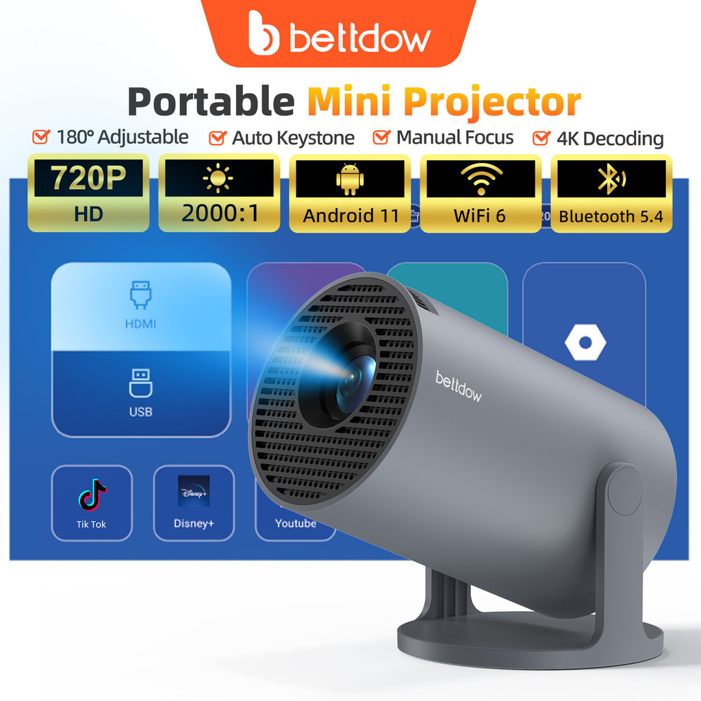 BETTDOW  AC1075 720P 4K Ultra-Portable Mobile Projector 210 ANSI Android 11 180°
