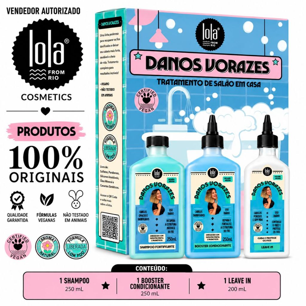 Kit Caixinha Danos Vorazes Lola From Rio Edição Limitada – Shampoo 250ml + Booster 250ml + Leave In 200ml