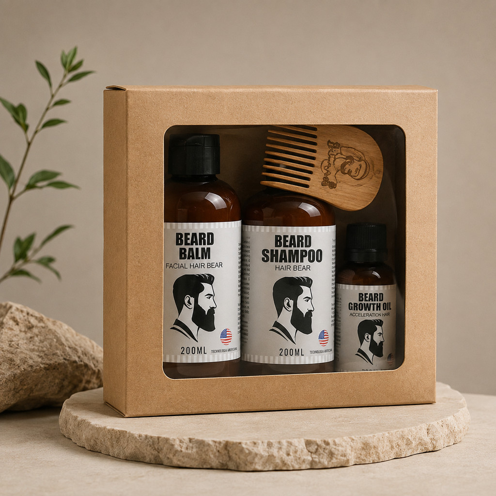 Kit Balm, Óleo para Barba e Shampoo Facial Tecnologia Americana e Pente de Madeira para barba - Alkmena m-09