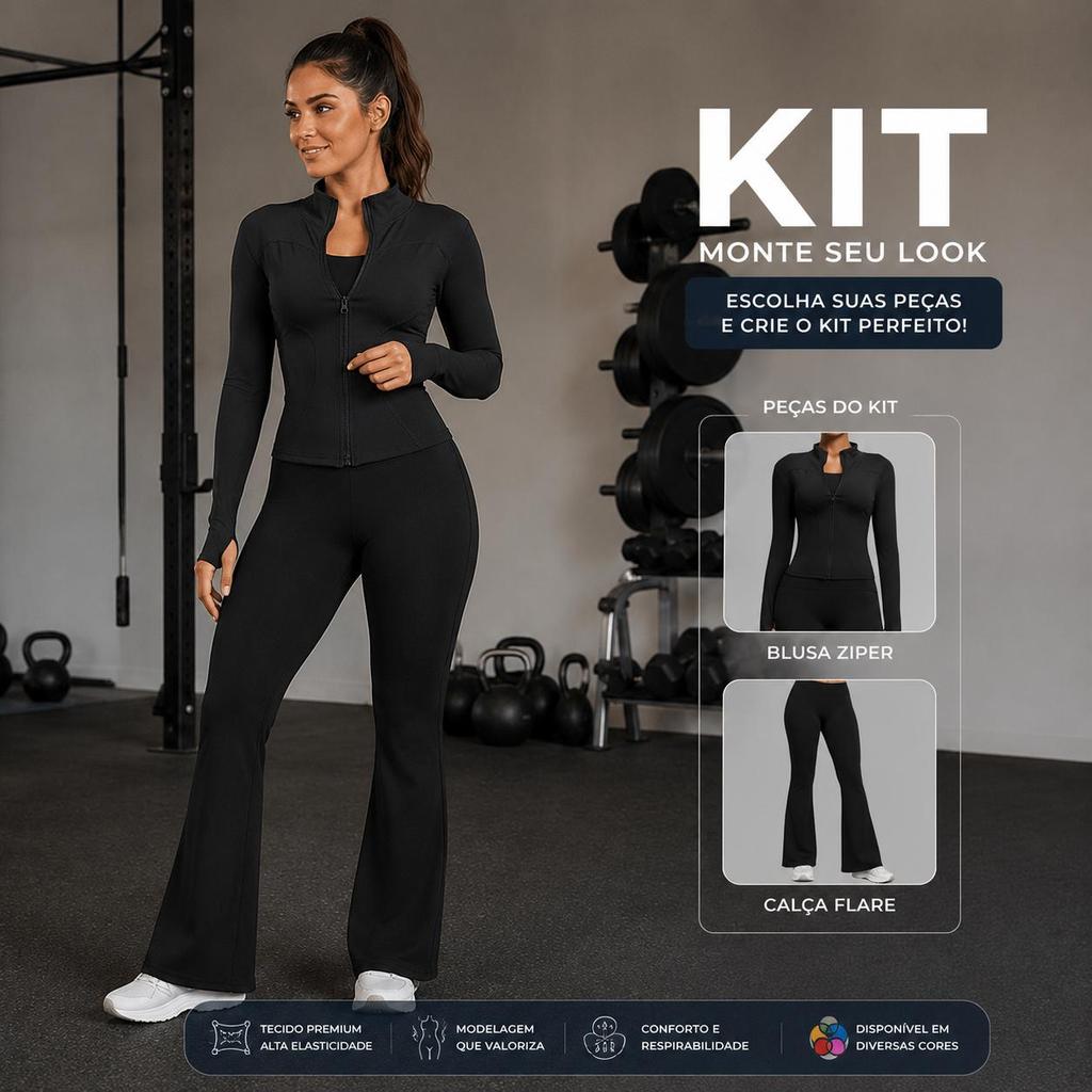 Kit Fitness Blusa Poliamida Manga Longa Zíper + Calça Flare Legging Cintura Alta Yoga Academia