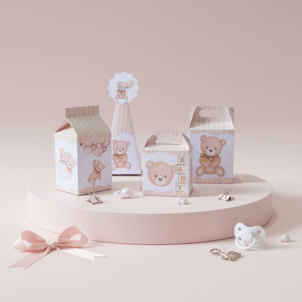 Kit Festa URSINHO LUXO BEGE - CHÁ REVELAÇÃO/ BEBÊ Caixinhas p/ Decoração e Lembrancinha - PEGUE E MONTE