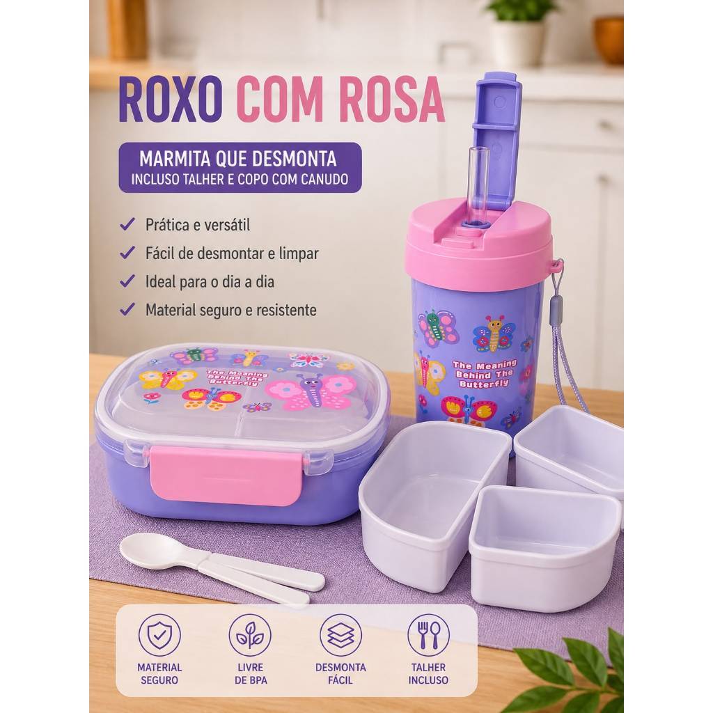 Conjunto de Marmita Com Copo E Talher 4 Cores INFANTIL Escolar Menino e Menina